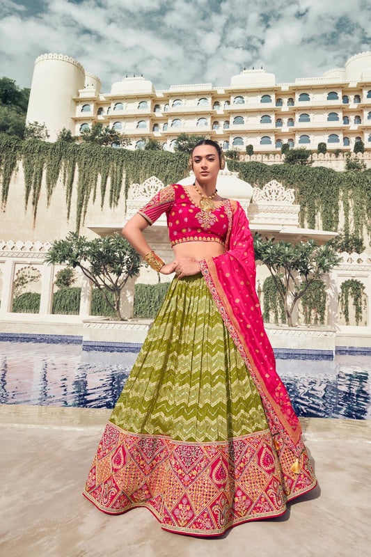 Olive Green Rani Pink Kalamkari Banarasi Lehenga Choli