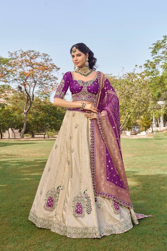 Purple Tissue Silk Wedding Lehenga Choli Peacock Embroidery with Dupatta Elegant