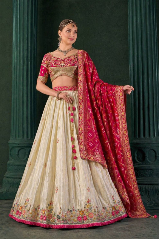 Cream Rani Pink Kalamkari Banarasi Lehenga Choli