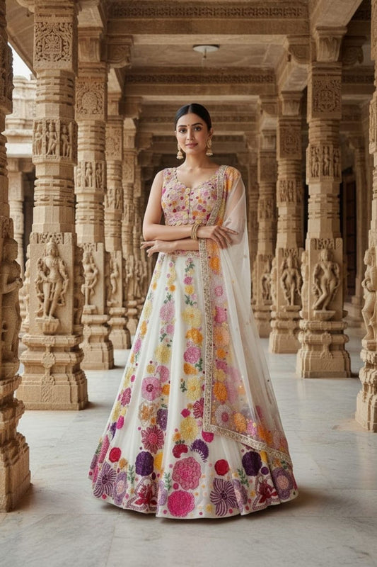 Chinon Multi-Thread & Sequin Embroidered Semi-Stitched Lehenga Choli