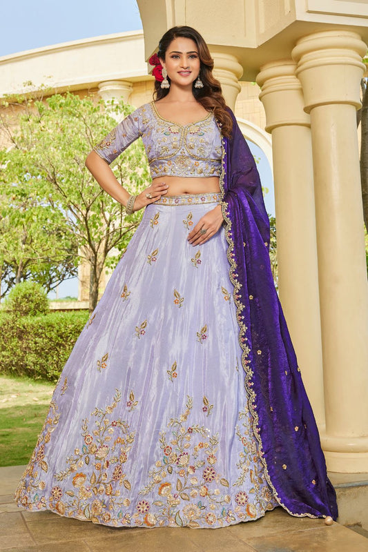 Lavender Tissue Lehenga Choli with Contrast Dupatta Elegant Festive Wear
