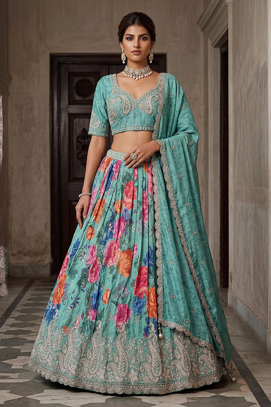 Blue Tissue Bead Work Bridesmaid Lehenga Choli with Dupatta Elegant Wear