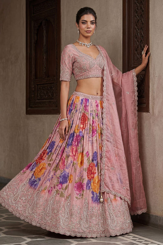 Tissue Pink Bead Work Bridesmaid Lehenga Choli with Dupatta Elegant Wear