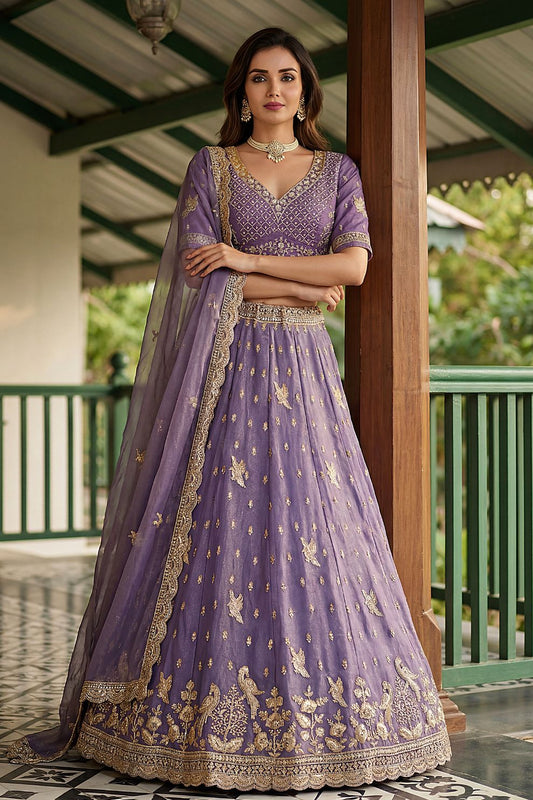 Purple Tissue Lehenga Embroidered Sequins Stones Beads Zari Work Elegant Wear