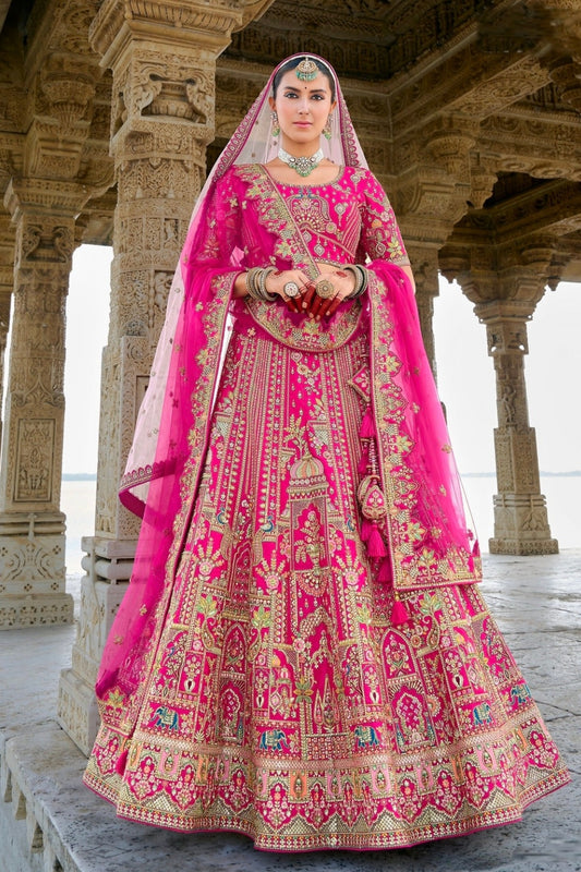 Traditional Rani Pink Silk Embroidered Bridal Lehenga with Sequin and Bead Details