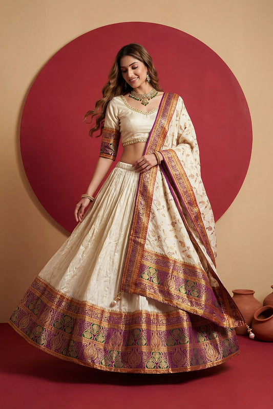 Off White Zari Weaving Viscose Silk Lehenga Choli Traditional Elegant