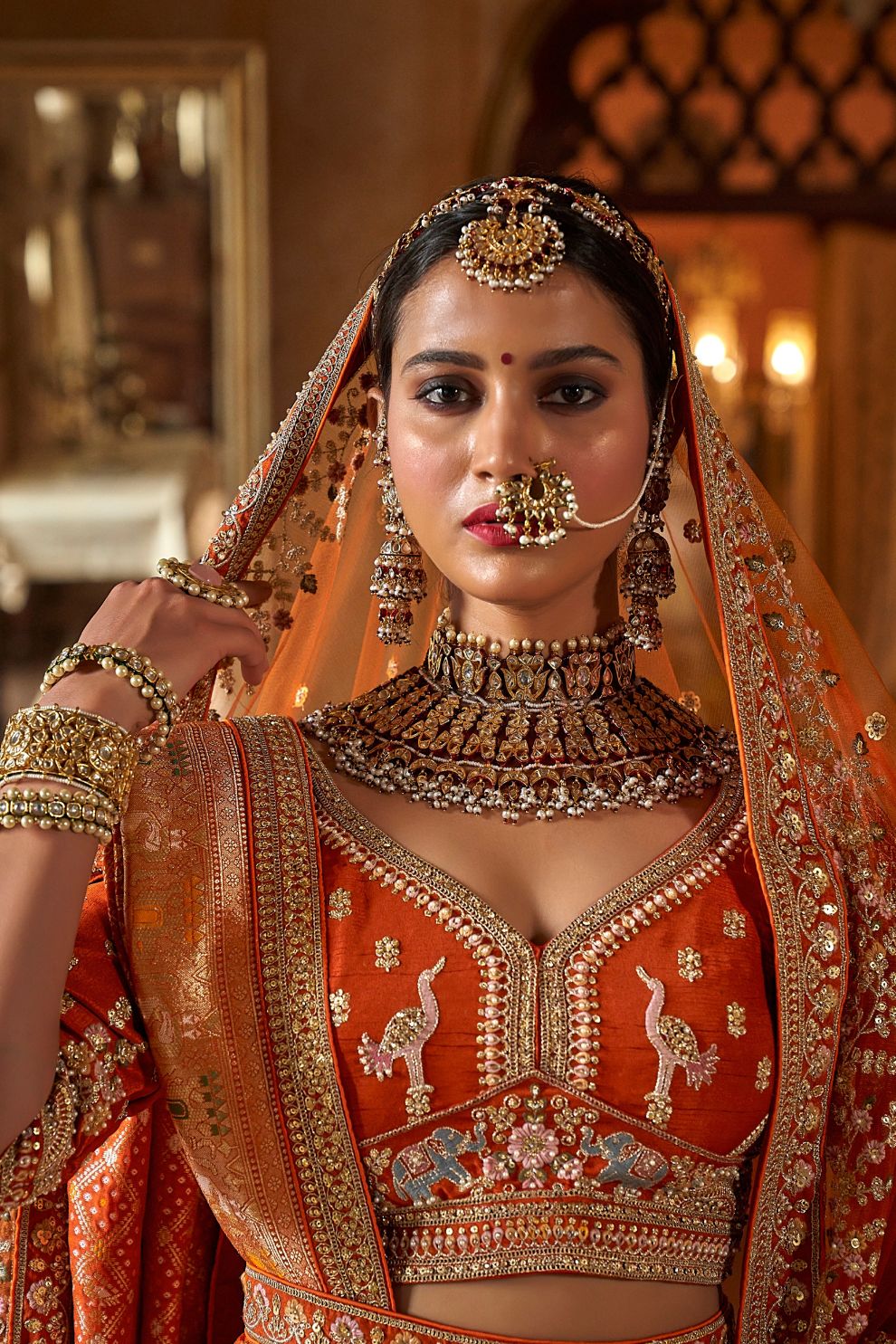 Rust Orange Silk Bridal Lehenga Angrakha Blouse Zari Embroidery Elegant