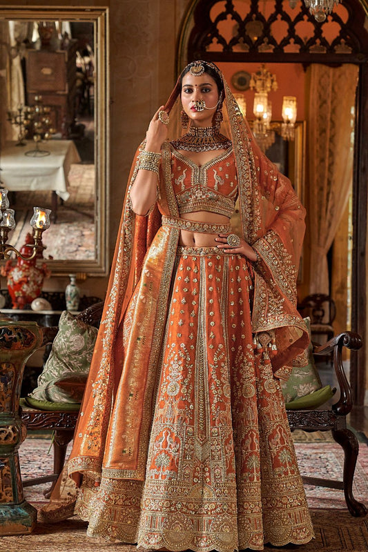 Rust Orange Silk Bridal Lehenga Angrakha Blouse Zari Embroidery Elegant