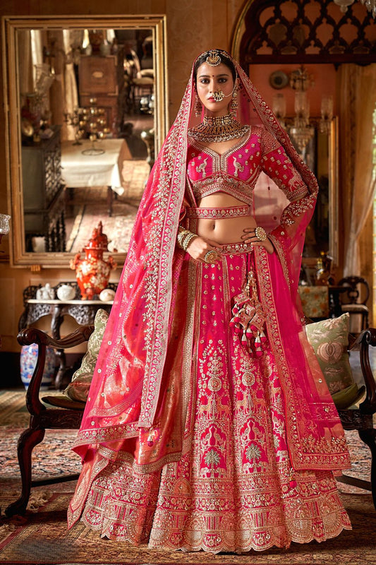 Rani Pink Silk Bridal Lehenga Signature Belt Zardozi Floral Work Elegant