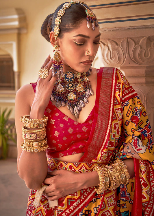 Yellow & Red Printed Patola Silk Saree