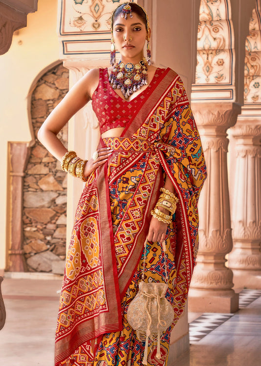 Yellow & Red Printed Patola Silk Saree