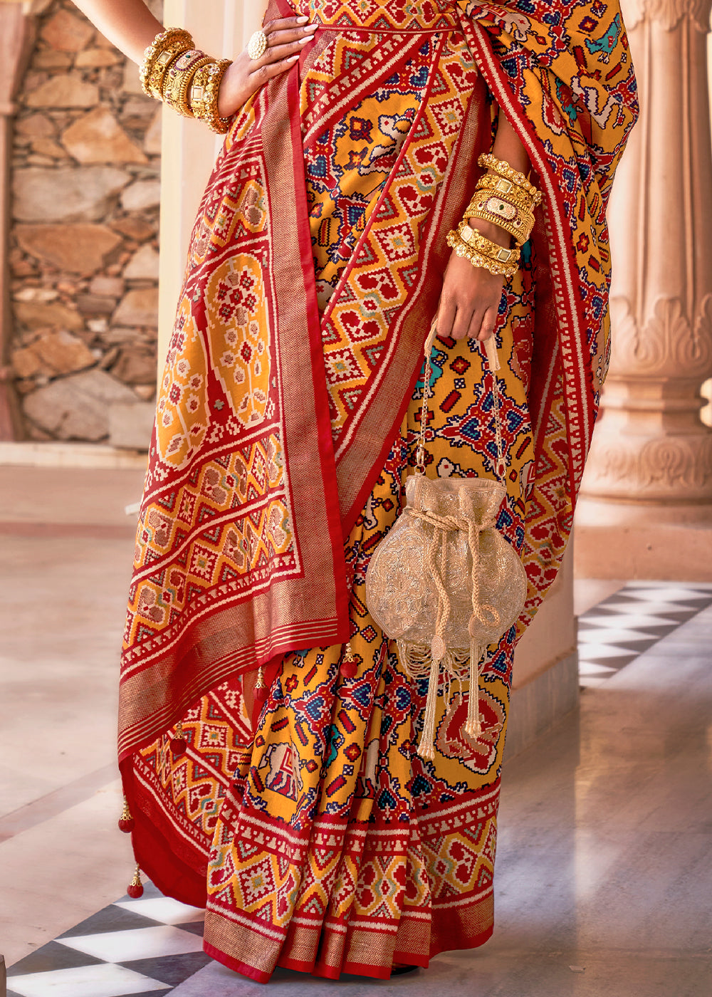 Yellow & Red Printed Patola Silk Saree