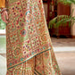 Beige White Designer Printed Silk Saree