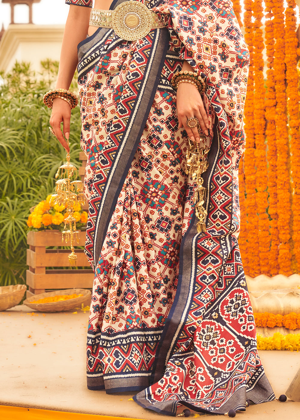 White & Grey Patola Printed Sik Saree