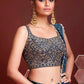 Dark Blue Floral Printed Chinon Silk Lehenga Choli with Sequins & Mirror work