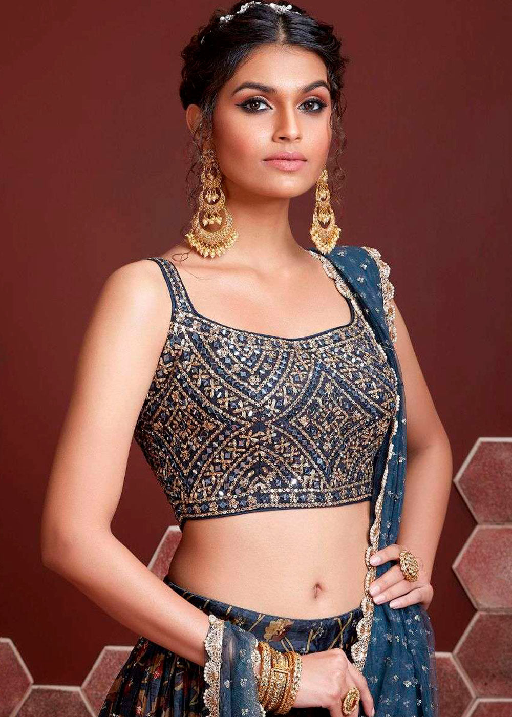 Dark Blue Floral Printed Chinon Silk Lehenga Choli with Sequins & Mirror work