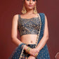 Dark Blue Floral Printed Chinon Silk Lehenga Choli with Sequins & Mirror work