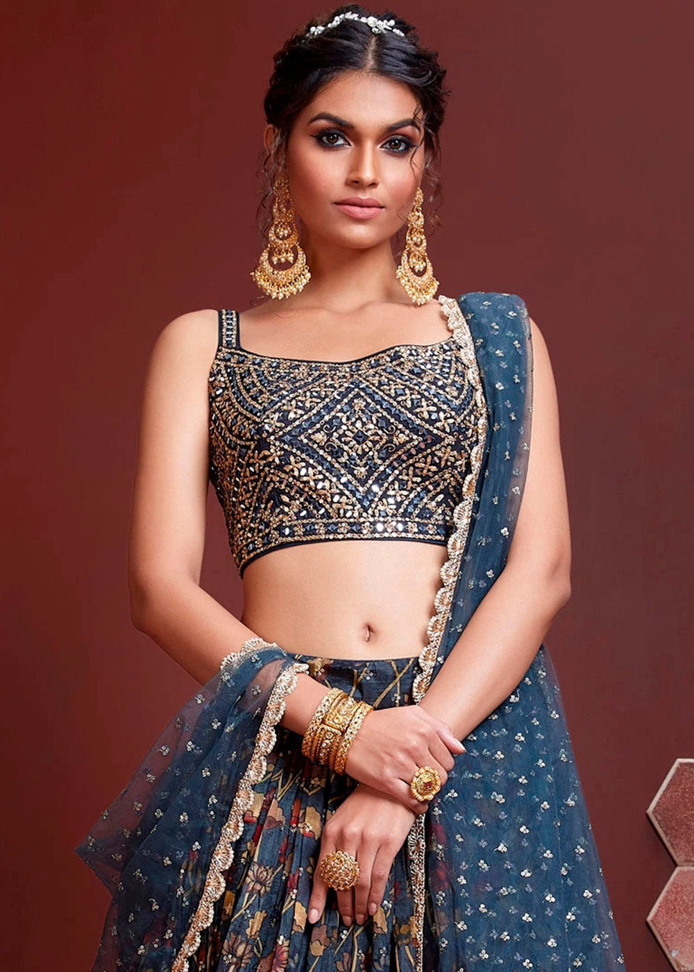 Dark Blue Floral Printed Chinon Silk Lehenga Choli with Sequins & Mirror work