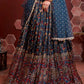 Dark Blue Floral Printed Chinon Silk Lehenga Choli with Sequins & Mirror work