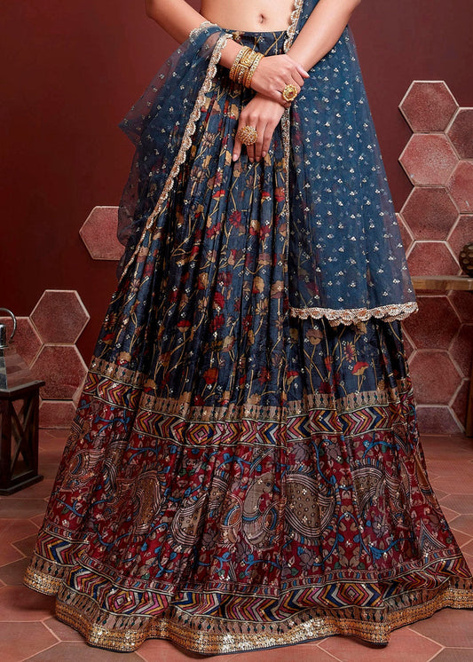 Dark Blue Floral Printed Chinon Silk Lehenga Choli with Sequins & Mirror work