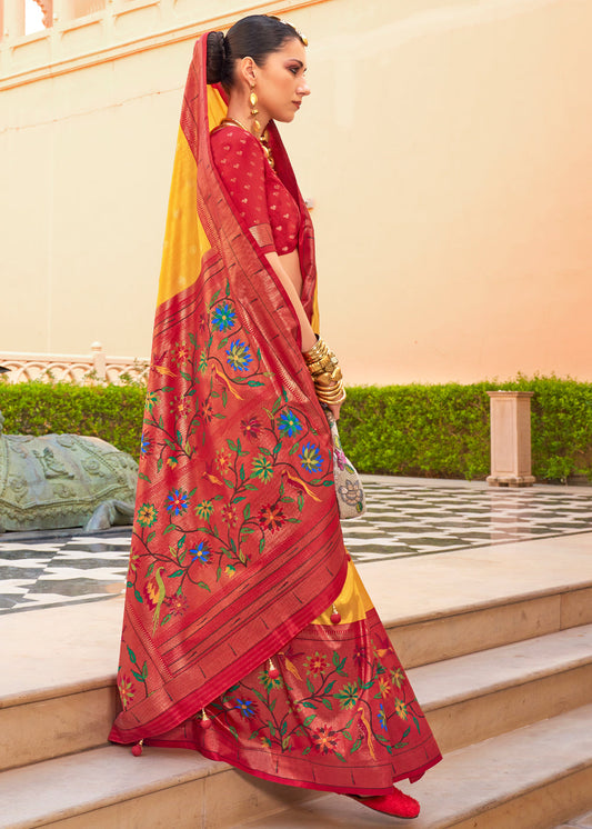Yellow & Red Paithani Printed Silk Saree