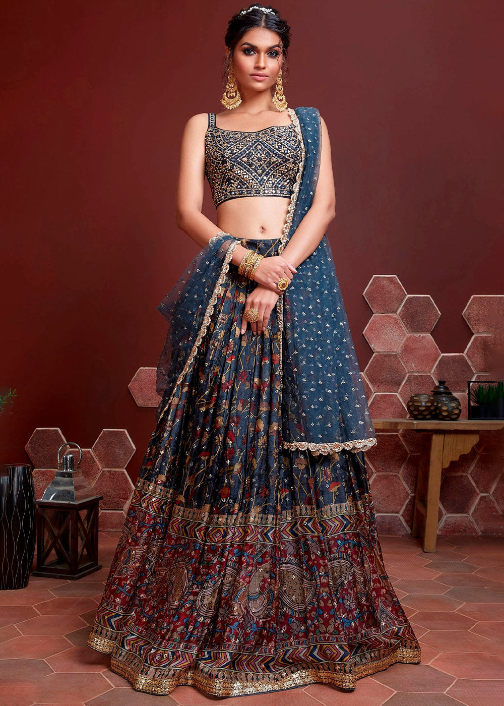 Dark Blue Floral Printed Chinon Silk Lehenga Choli with Sequins & Mirror work