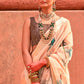 Beige Brown Floral Printed Designer Organza Silk Saree