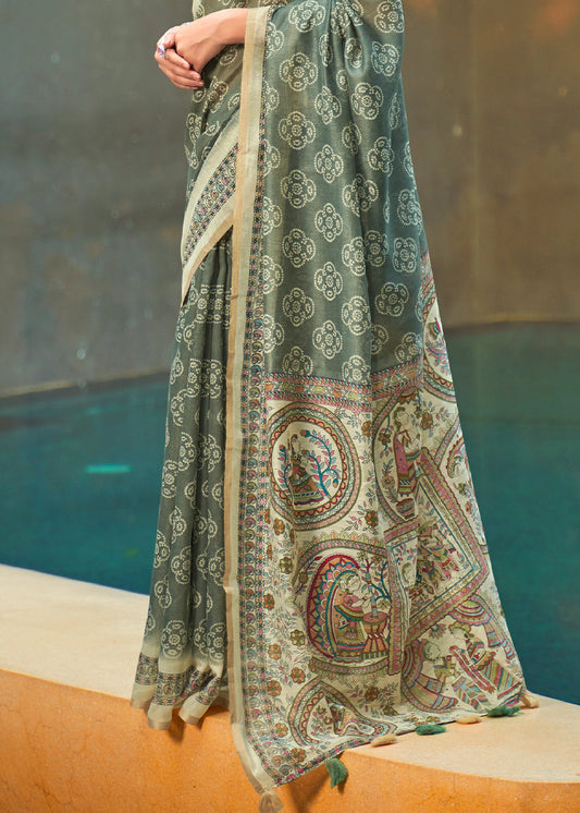 Fern Green Floral Printed Chanderi Cotton Saree