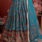 Azure Blue Floral Printed Chinon Silk Lehenga Choli with Sequins & Mirror work