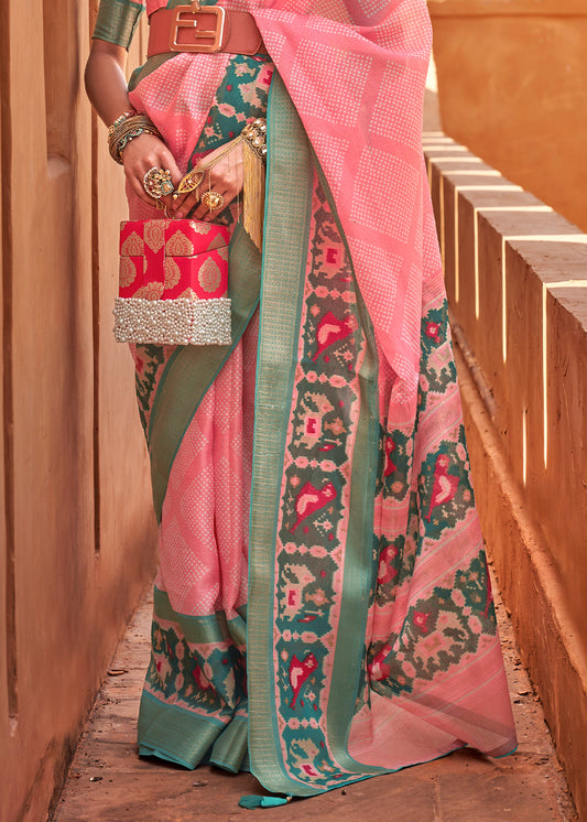 Baby Pink Printed Cotton Silk Saree