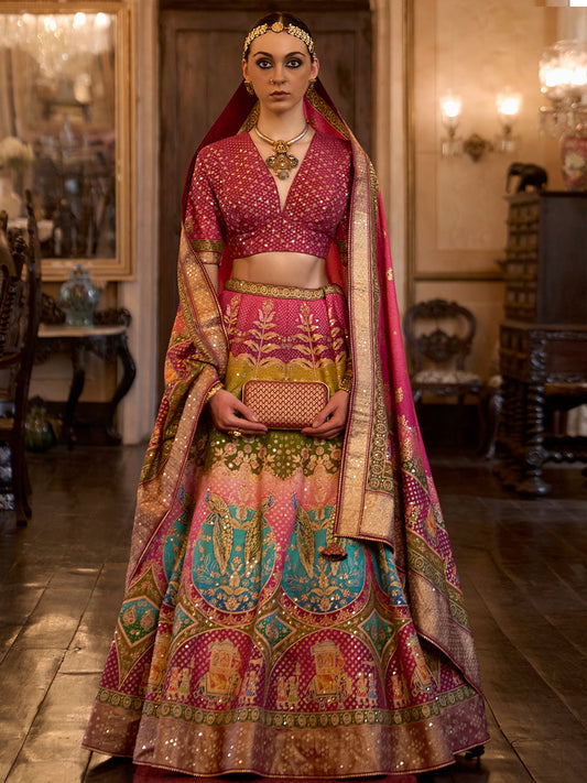 Lehenga Choli de seda multicolor de diseñador, lista para usar, con brillo y efecto espejo Aari.