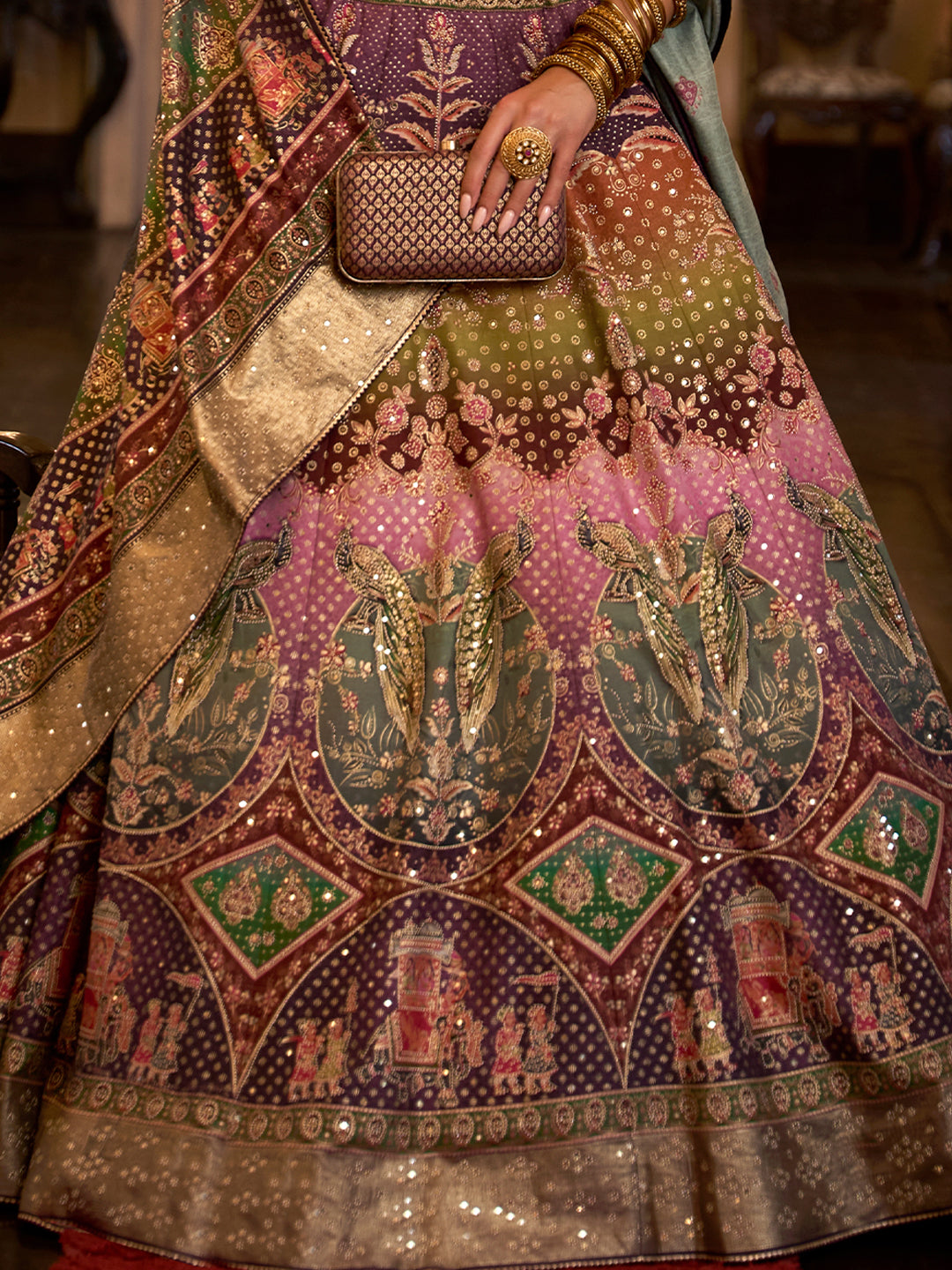 Lehenga Choli de seda de diseñador en color púrpura y rosa, lista para usar, con brillo y trabajo de espejo Aari