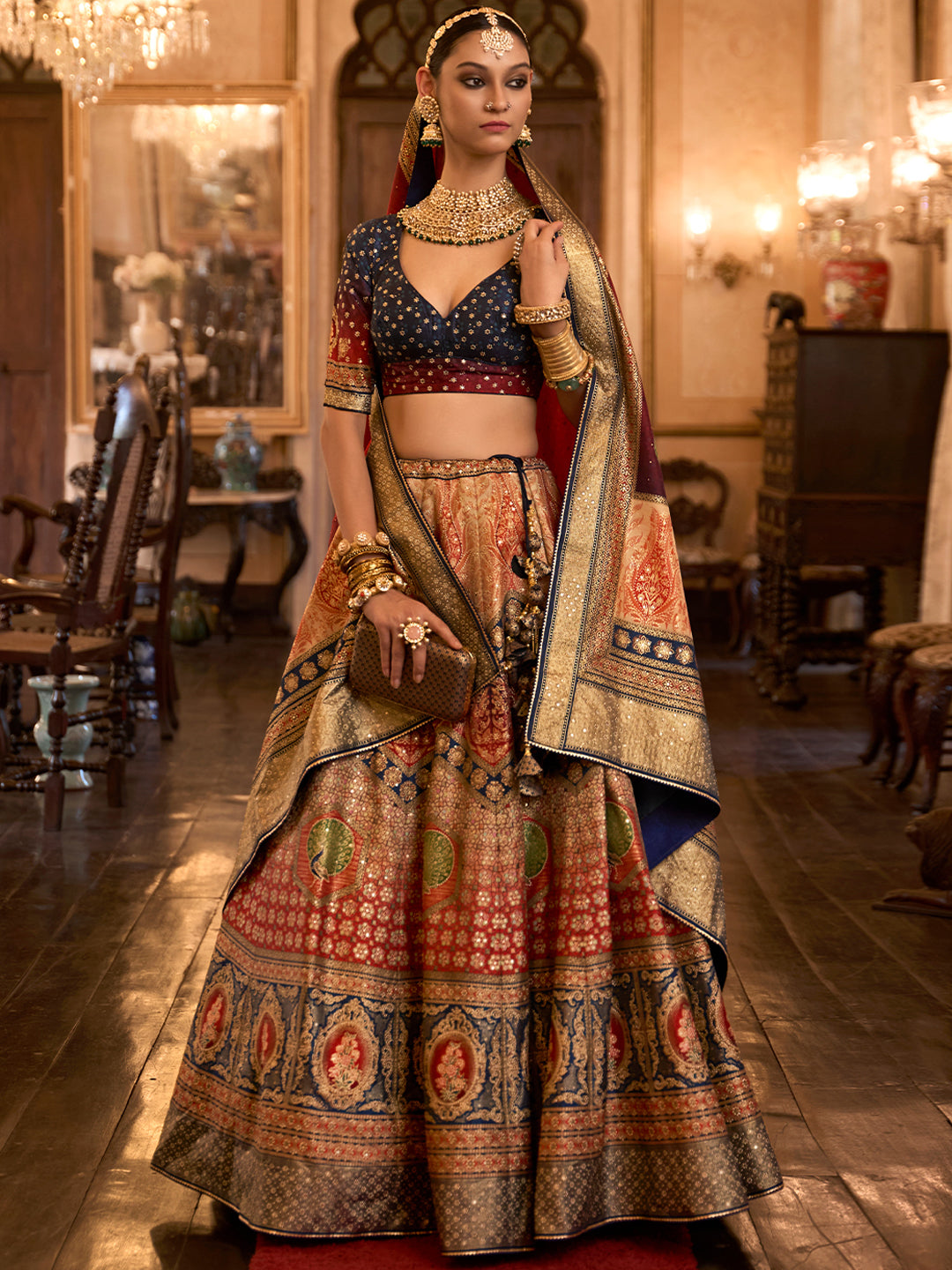 Red-Blue Designer Silk Ready to Wear Lehenga Choli With Sparkle & Aari Mirror Work