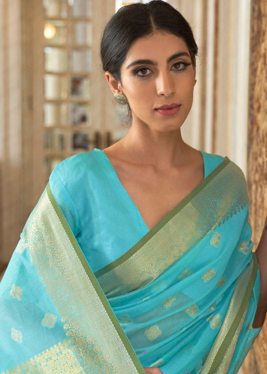 Arctic Blue Zari Woven Linen Silk Saree: Top Pick