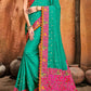Turquoise Green Silk Saree with Mirror, Resham & Diamond work