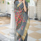 Iron Grey Floral Embroidered Linen Silk Saree