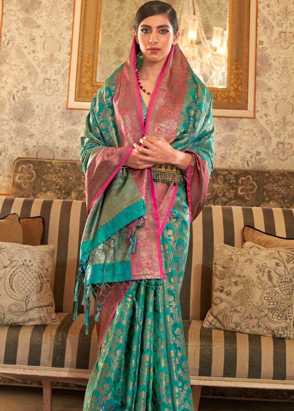Sea Green Woven Banarasi Tussar Silk Saree