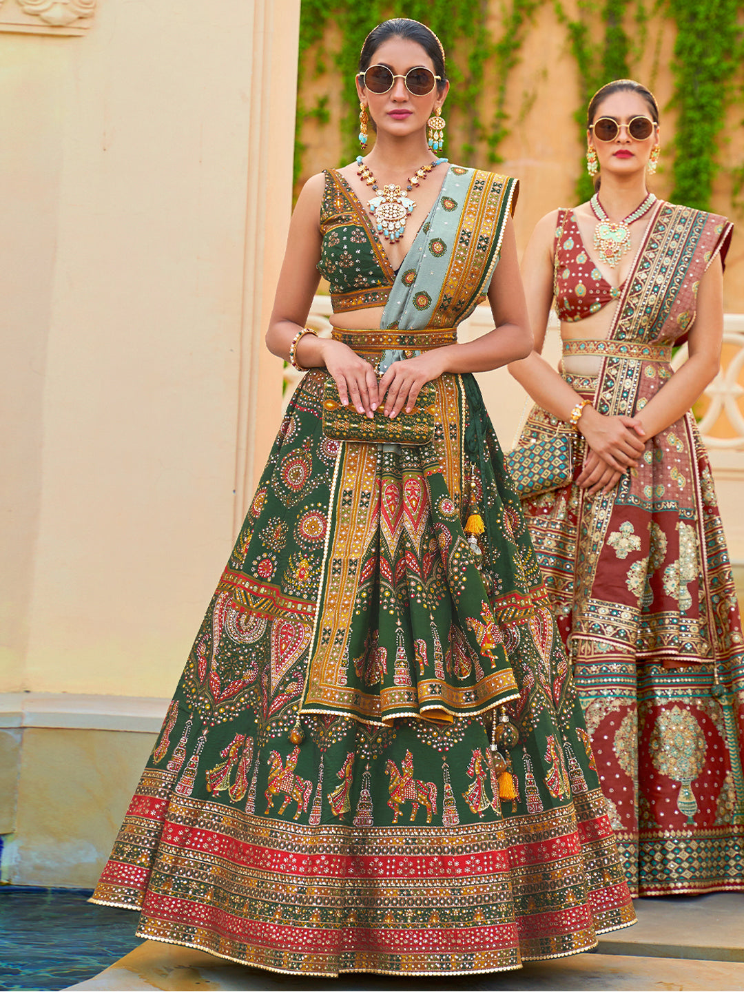 Lehenga Choli de seda de diseñador verde real, lista para usar, con brillo y trabajo de espejo