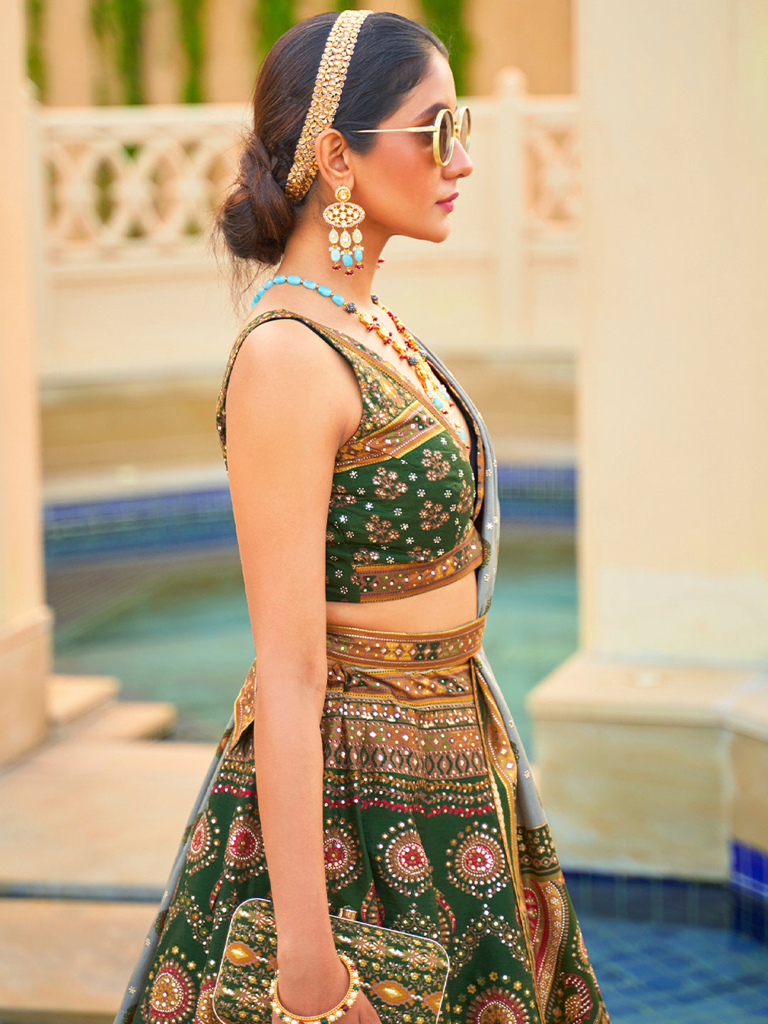 Lehenga Choli de seda de diseñador verde real, lista para usar, con brillo y trabajo de espejo