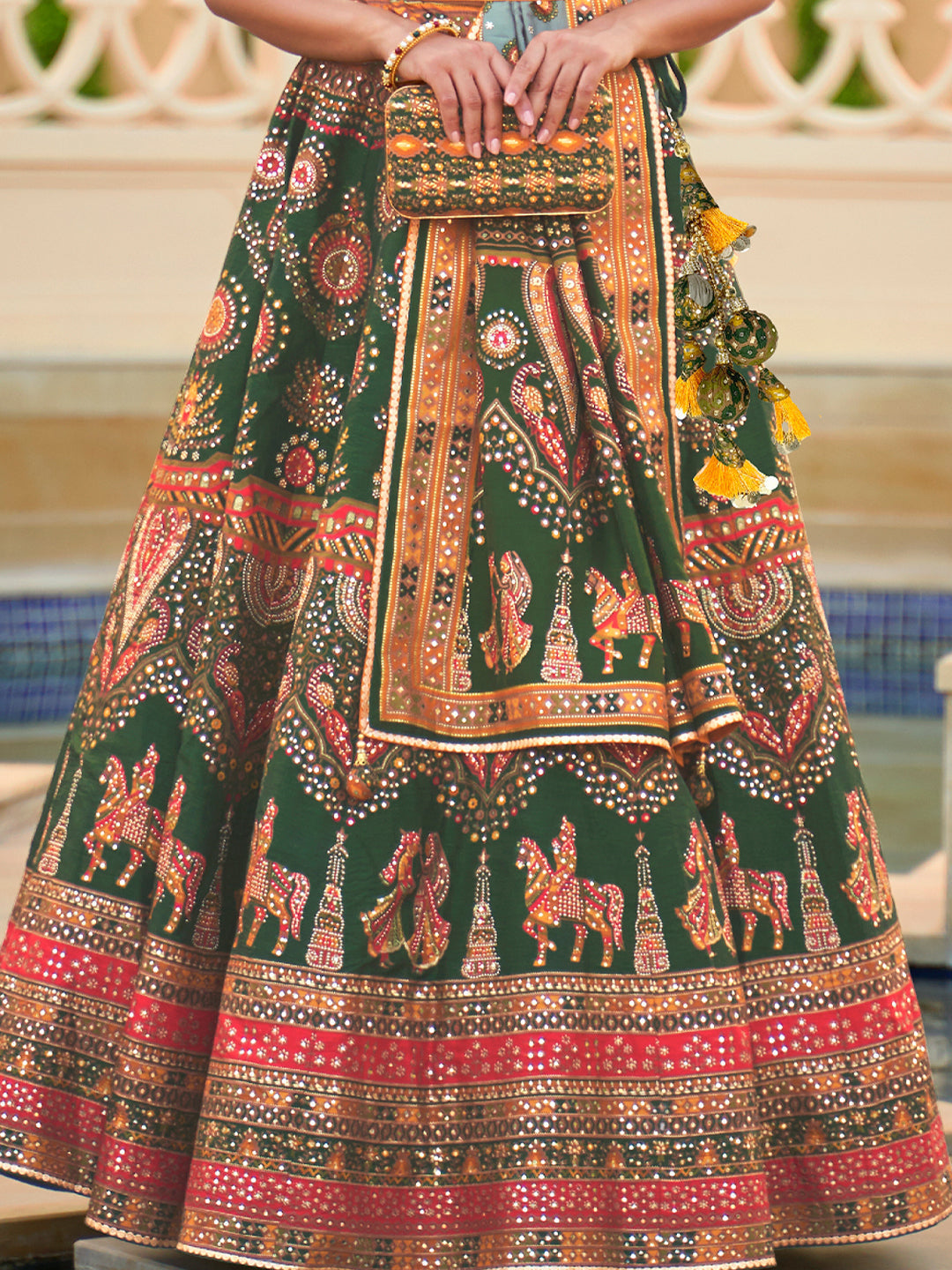 Lehenga Choli de seda de diseñador verde real, lista para usar, con brillo y trabajo de espejo