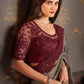 Ash Grey Designer Embroidered Silk Saree