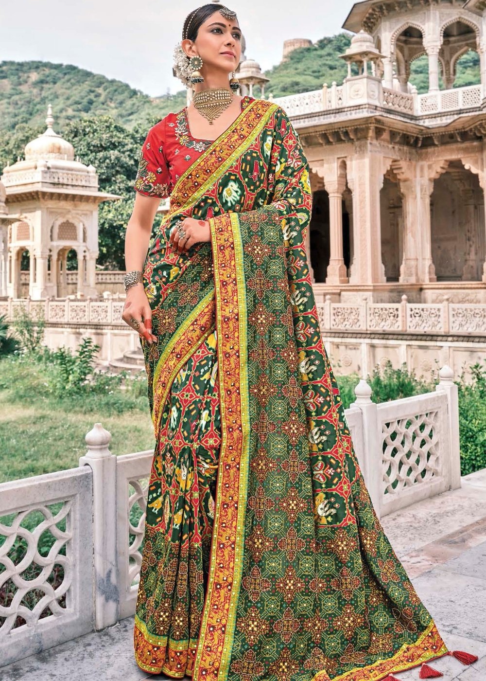 Pine Green Bandhej Patola Silk Saree with Embroidered Blouse: Top Pick
