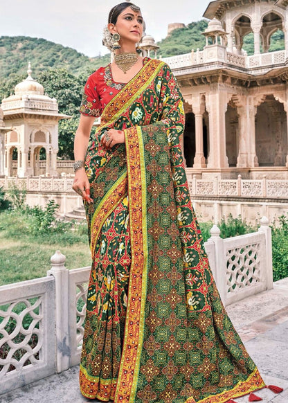 Pine Green Bandhej Patola Silk Saree with Embroidered Blouse: Top Pick
