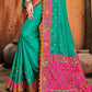 Turquoise Green Silk Saree with Mirror, Resham & Diamond work