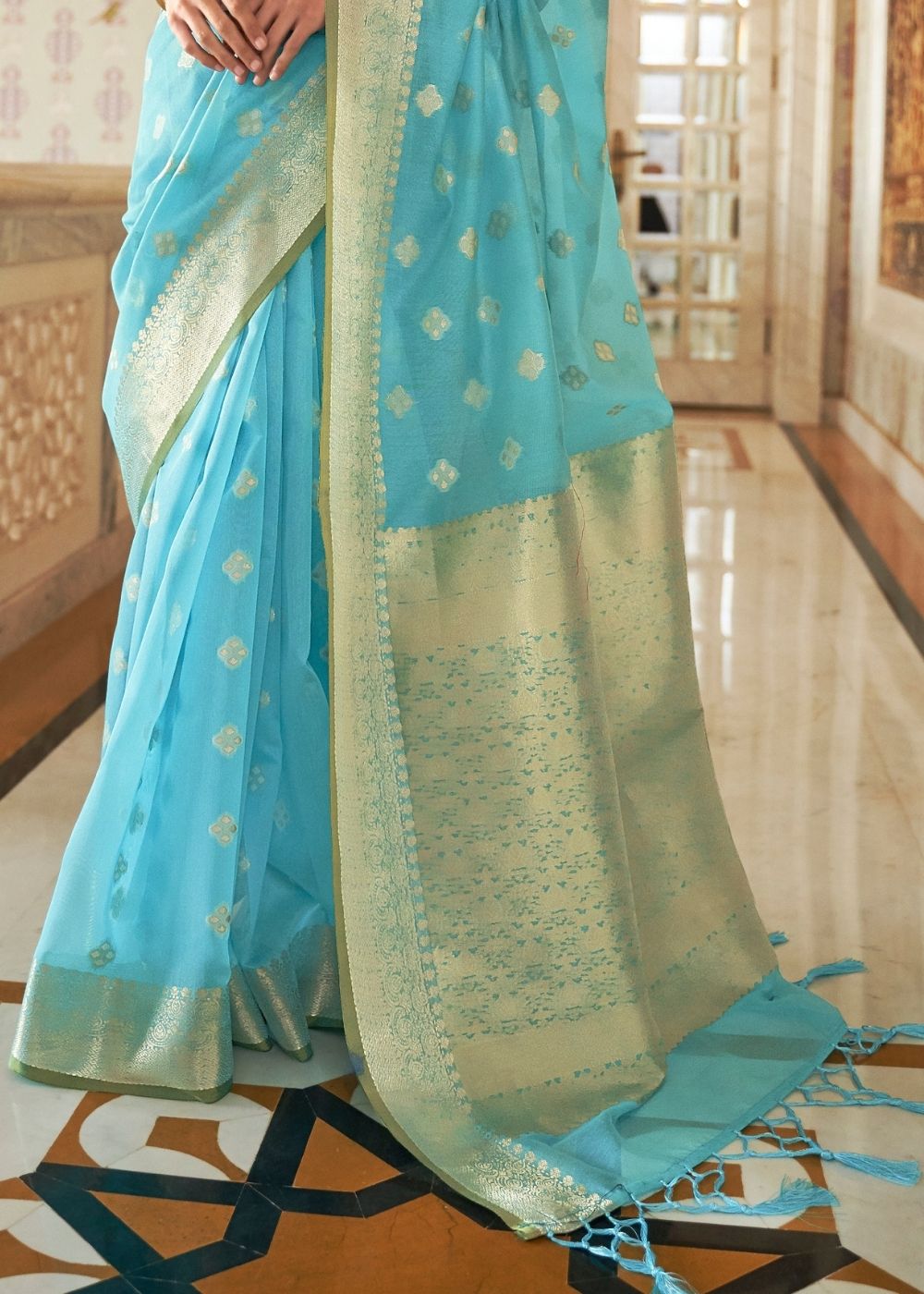 Arctic Blue Zari Woven Linen Silk Saree: Top Pick