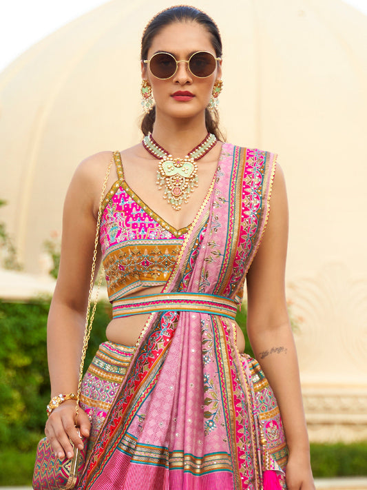 Lehenga Choli de seda rosa de diseñador lista para usar con brillo y trabajo de espejo