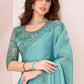 Turquoise Blue Designer Embroidered Georgette Silk Saree
