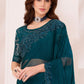 Dark Yale Blue Designer Embroidered Shaded Chiffon Saree