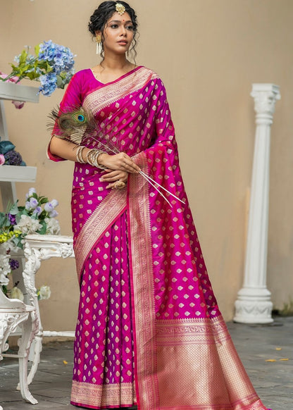 Magenta Purple Soft Banarasi Silk Saree with overall Butti