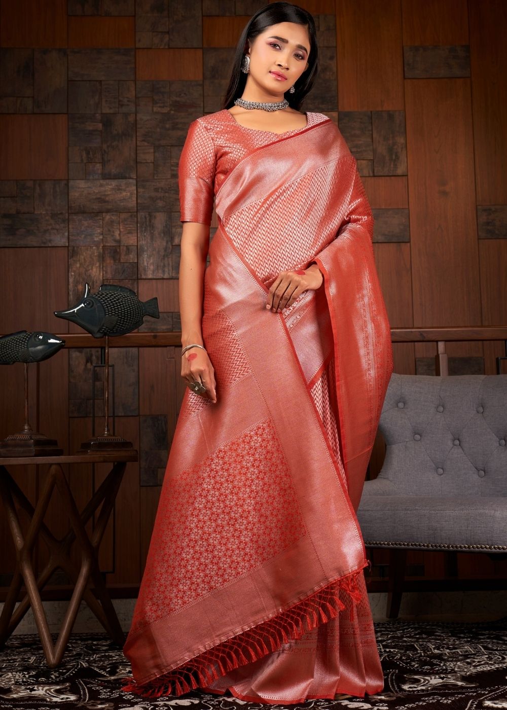 Indian Red  Silver Zari work Kanjivaram Silk Saree